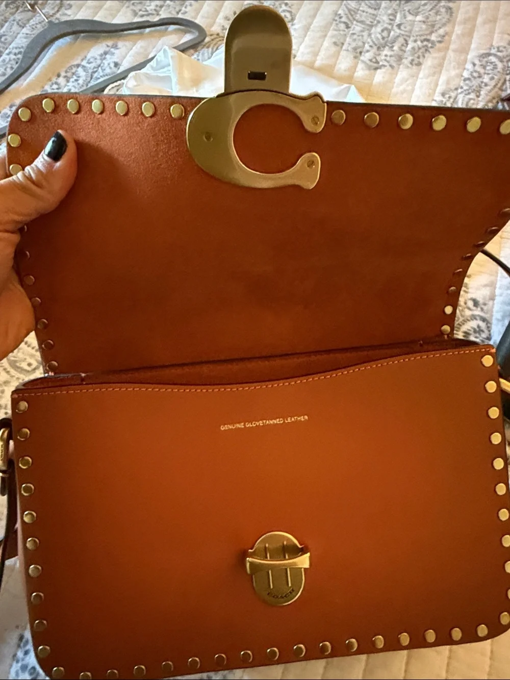 Coach Tan Leather Crossbody with Gold Studs & Turnlock